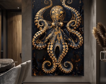 Gold Octopus Abstract Art Print: Sea Creature Wall Decor (Digital Download)