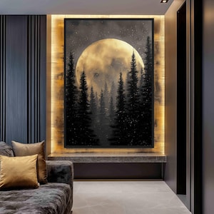 May include: A framed landscape painting depicts a large, glowing moon above a silhouetted forest of tall pine trees. The artwork is set against a starry night sky, creating a serene and atmospheric scene. The frame is black.
