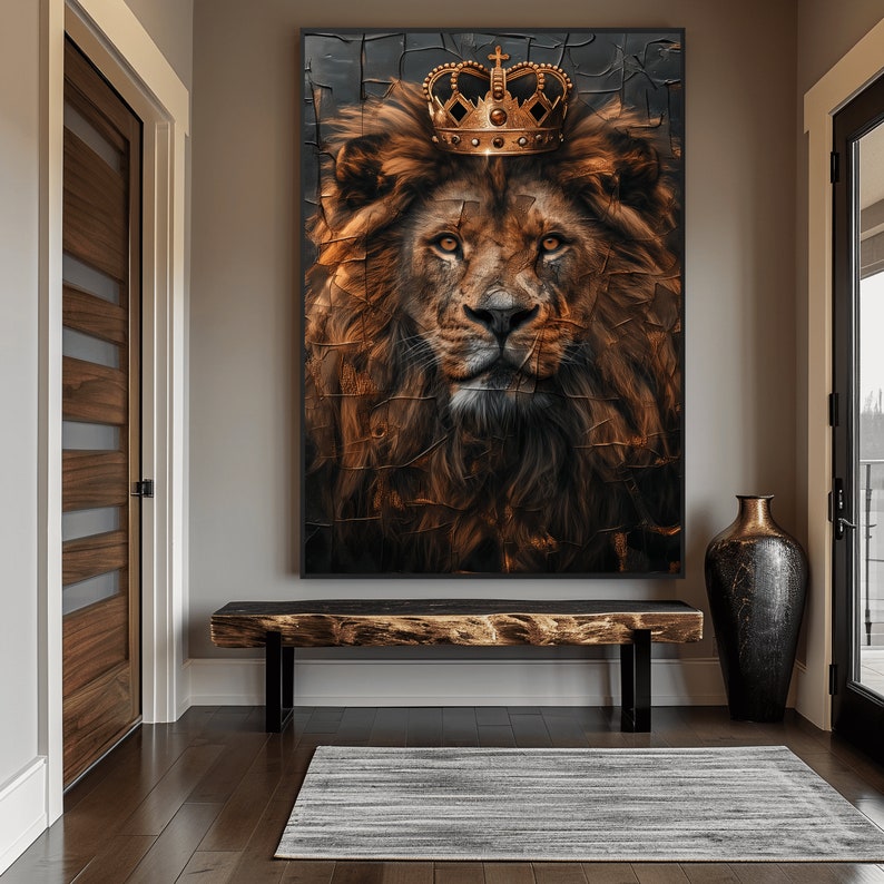 May include: A close-up of a lion's face with a gold crown on its head. The lion has a serious expression and its fur is a rich brown color. The background is a dark, textured surface.