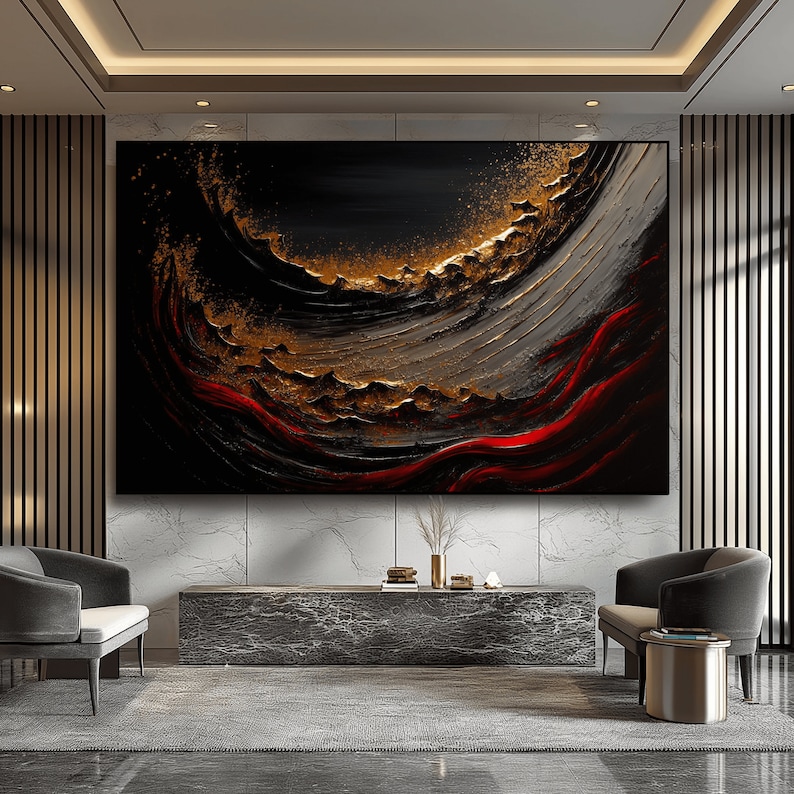May include: Abstract painting with black, gold, and red colors. The painting features a swirling, textured design with a central focal point of gold.