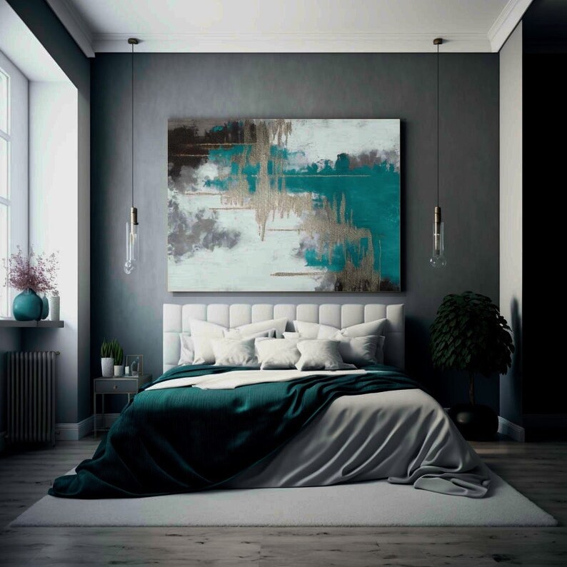 Abstract Wall Art Canvas Teal Black and White Colors Digital - Etsy