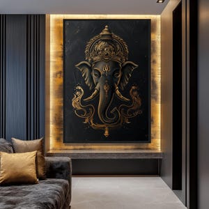 May include: A black and gold illustration of the Hindu deity Ganesha, with a detailed head and trunk, against a dark background.