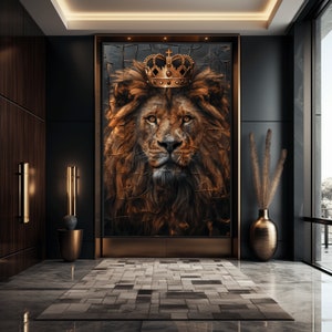 May include: A close-up of a lion's face with a gold crown on its head. The lion is looking directly at the viewer with a serious expression. The background is a dark, textured surface.