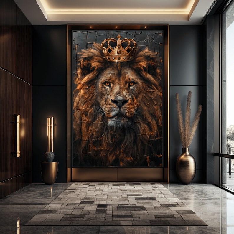 May include: A close-up of a lion's face with a gold crown on its head. The lion is looking directly at the viewer with a serious expression. The background is a dark, textured surface.