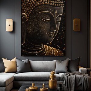 May include: A large, framed artwork featuring a detailed, gold-toned depiction of Buddha's face against a black background. The artwork is displayed above a gray sectional sofa with decorative pillows and a black marble coffee table with gold accents.
