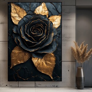 Puede incluir: Una rosa negra y dorada con p&eacute;talos y hojas texturizados. La rosa est&aacute; pintada sobre un fondo oscuro con un efecto texturizado.