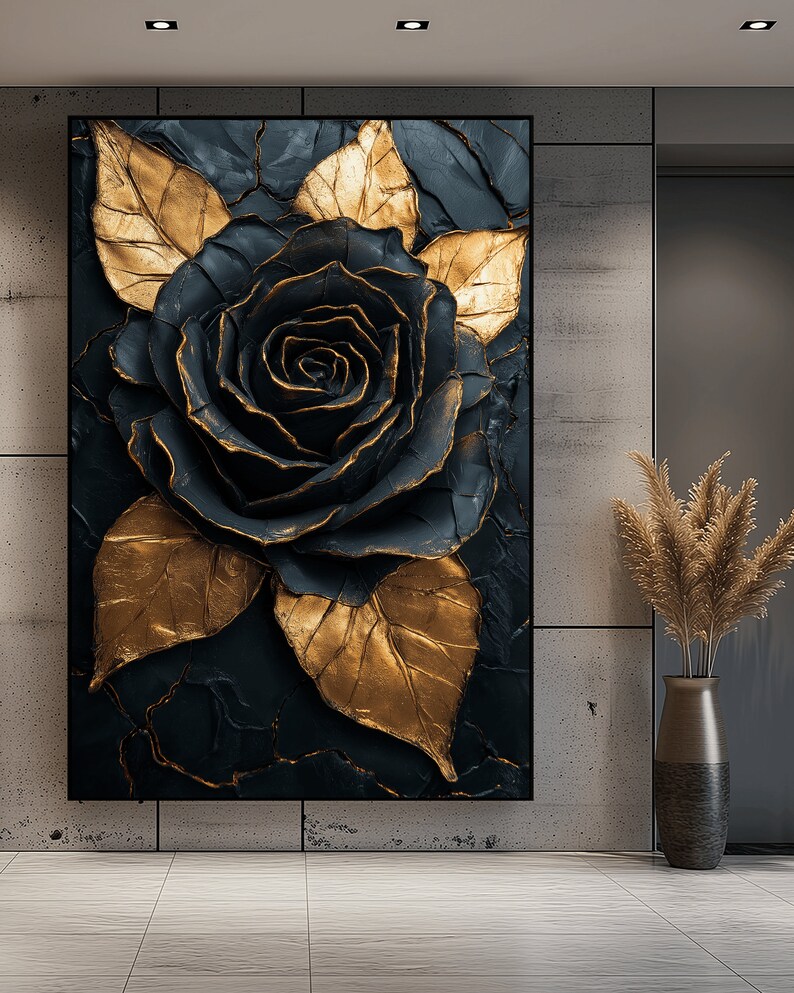 Puede incluir: Una rosa negra y dorada con p&eacute;talos y hojas texturizados. La rosa est&aacute; pintada sobre un fondo oscuro con un efecto texturizado.