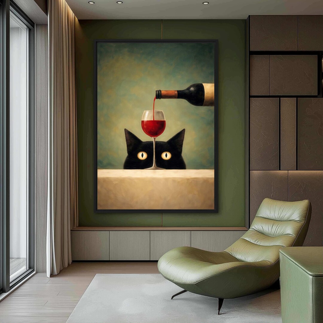 Black Cat Wine Canvas Art, Funny Whimsical Kitchen Decor, Wine Lover ...