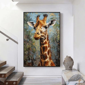 May include: A painting of a giraffe's head and neck against a blue and green background. The giraffe has a brown and tan spotted pattern. The painting has a textured, brushstroke effect.
