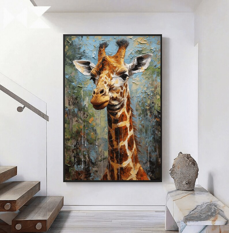 May include: A painting of a giraffe's head and neck against a blue and green background. The giraffe has a brown and tan spotted pattern. The painting has a textured, brushstroke effect.
