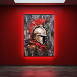 May include: A painting of a warrior's helmet with a red plume, painted in a textured style with a black background.