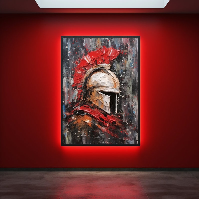 May include: A painting of a warrior's helmet with a red plume, painted in a textured style with a black background.