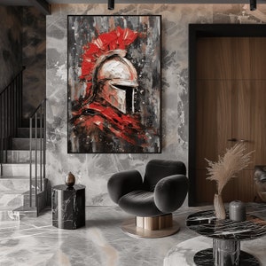 May include: A painting of a Roman soldier's helmet with a red plume, painted in a textured style with thick brushstrokes.