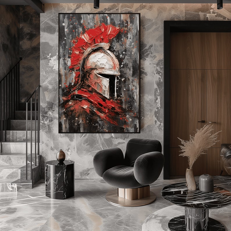 May include: A painting of a Roman soldier's helmet with a red plume, painted in a textured style with thick brushstrokes.