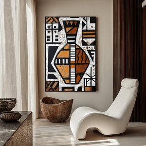 May include: A white and brown abstract painting of a vase with geometric shapes. The painting is hanging on a wall in a modern living room with a white chair and a wooden bowl.