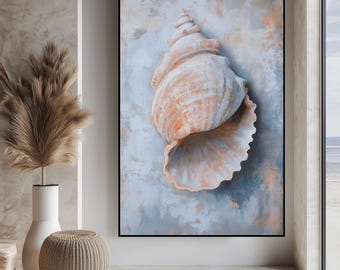 May include: A large seashell with a light brown and pink color scheme is painted on a light blue background. The seashell is the main focus of the painting and is positioned in the center of the canvas.