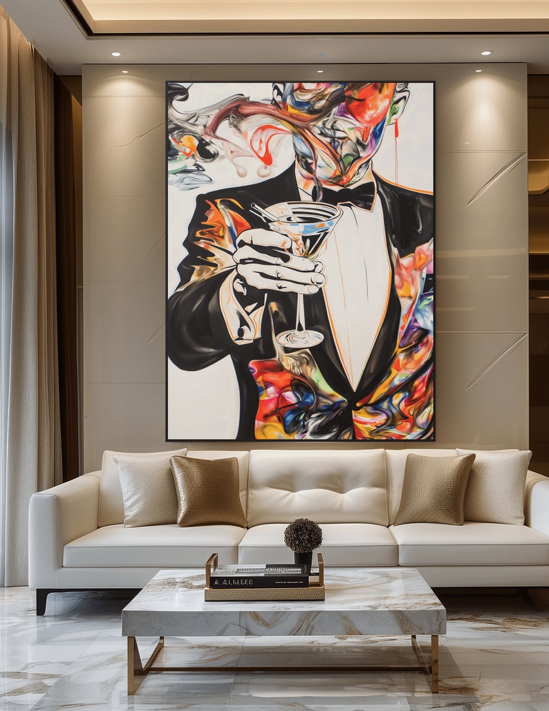May include: Abstract painting of a person in a colorful suit holding a martini glass. The background is white with colorful abstract shapes.