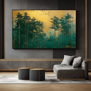May include: An abstract painting of a forest with tall, slender trees in shades of green and gold. The artwork features a textured, layered effect, with a gold background and dark green trees. The painting is framed in a black rectangular frame.