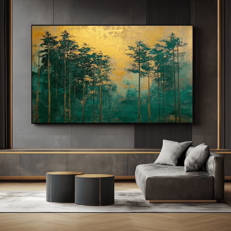 May include: An abstract painting of a forest with tall, slender trees in shades of green and gold. The artwork features a textured, layered effect, with a gold background and dark green trees. The painting is framed in a black rectangular frame.