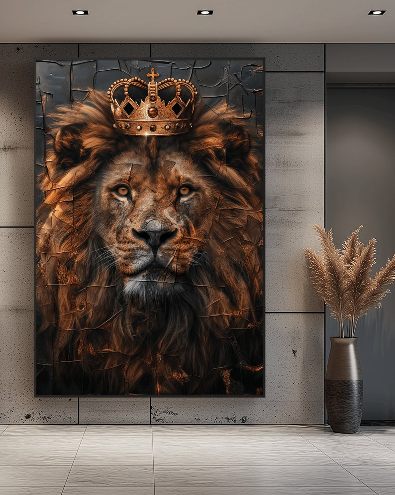 May include: A close-up of a lion's face with a gold crown on its head. The lion's fur is brown and the background is a dark gray with a cracked texture.