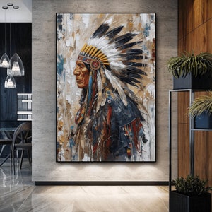 Puede incluir: Una pintura de un hombre nativo americano con un tocado de plumas de colores. La pintura está realizada en un estilo realista con un enfoque en la cara y el tocado del hombre. El fondo es de un marrón y un blanco apagados.