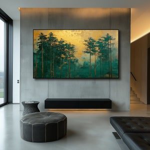 May include: Large rectangular wall art featuring a forest scene. The artwork showcases tall, slender trees in shades of green and gold against a textured background. The painting is framed in black and hangs above a black cabinet in a modern living space.