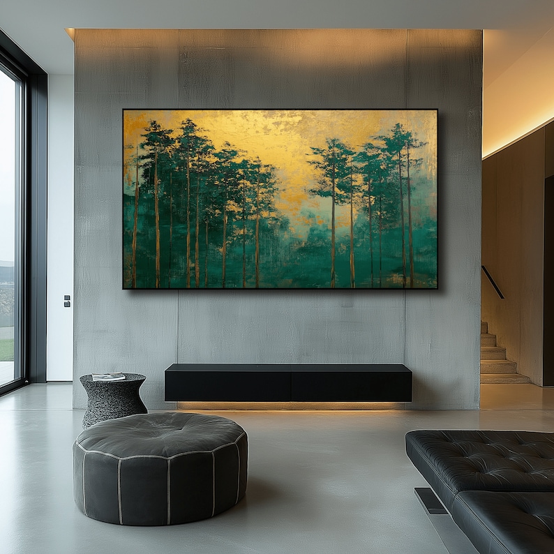 May include: Large rectangular wall art featuring a forest scene. The artwork showcases tall, slender trees in shades of green and gold against a textured background. The painting is framed in black and hangs above a black cabinet in a modern living space.
