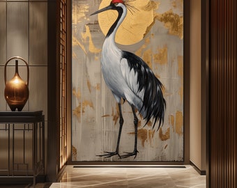 May include: A painting of a white and black crane with a red crown on its head. The crane is standing on a gold and white background.