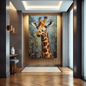 May include: A painting of a giraffe with a light blue, green, and brown background. The giraffe is looking directly at the viewer with a gentle expression.