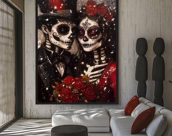 Day of the Dead Couple Art Print, Sugar Skull Decor (Digital Download)