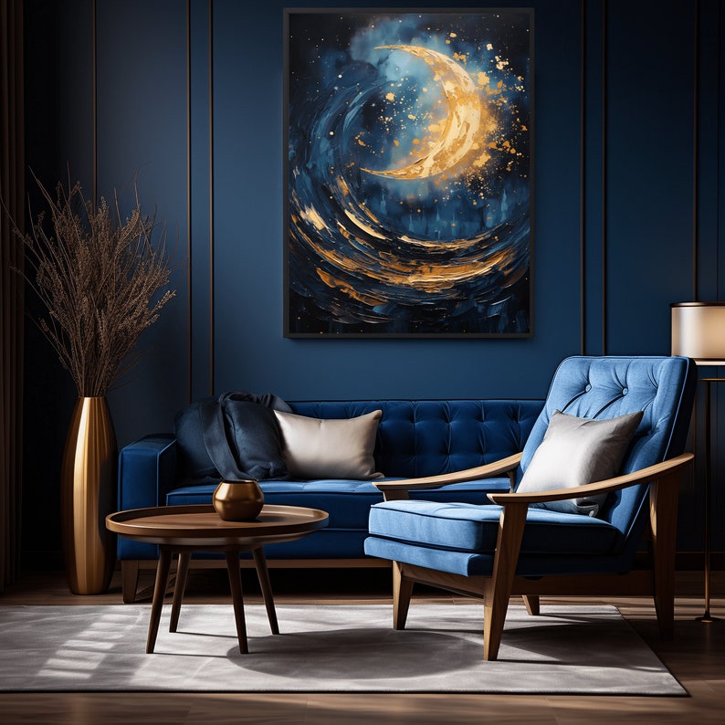 May include: A blue velvet sofa and armchair with gold accents in a room with a painting of a golden crescent moon on a dark blue background.