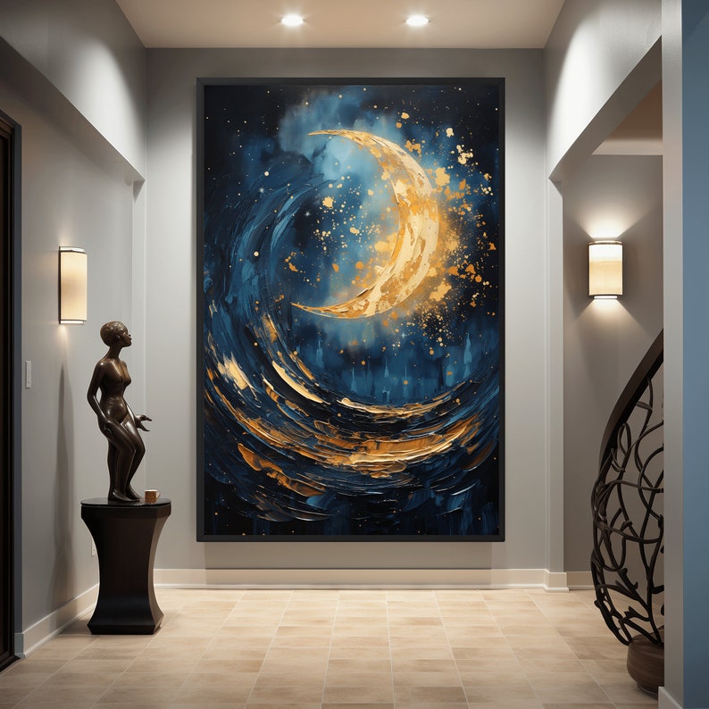 May include: Abstract painting of a golden crescent moon on a dark blue background with gold and white accents. The moon is surrounded by swirling blue and gold paint.