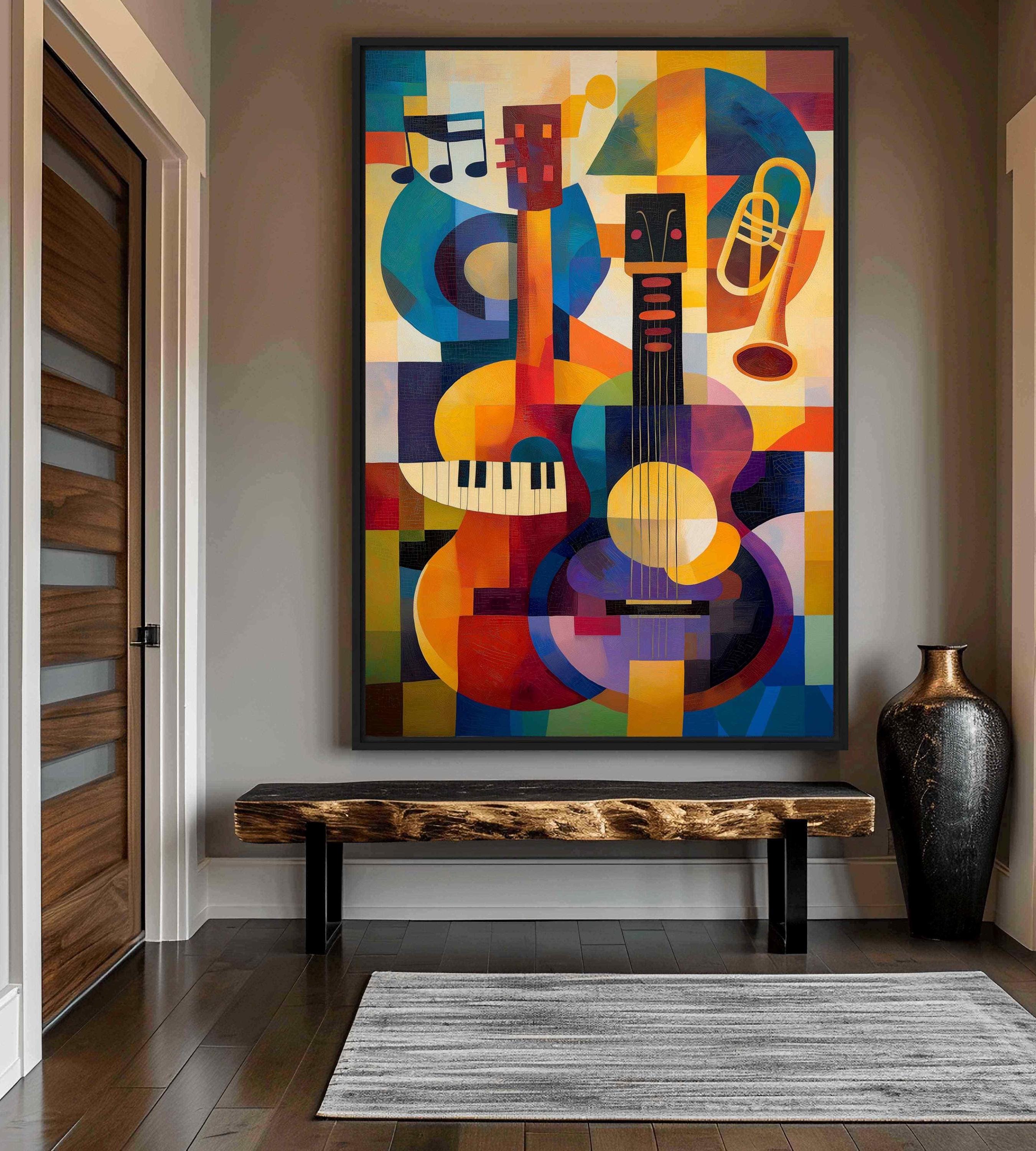 Abstract Music Art Printable, Colorful Jazz Guitar and Saxophone