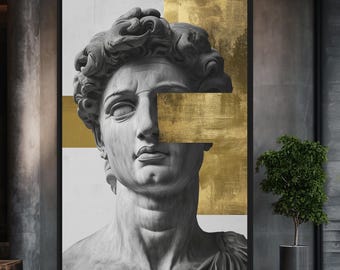 May include: A black and white image of a classical sculpture bust with a gold overlay. The bust is of a man with short, curly hair and a serious expression. The gold overlay covers part of the man's face and neck.