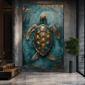 Puede incluir: Una pintura abstracta de una tortuga marina en oro y turquesa, con un fondo texturizado.