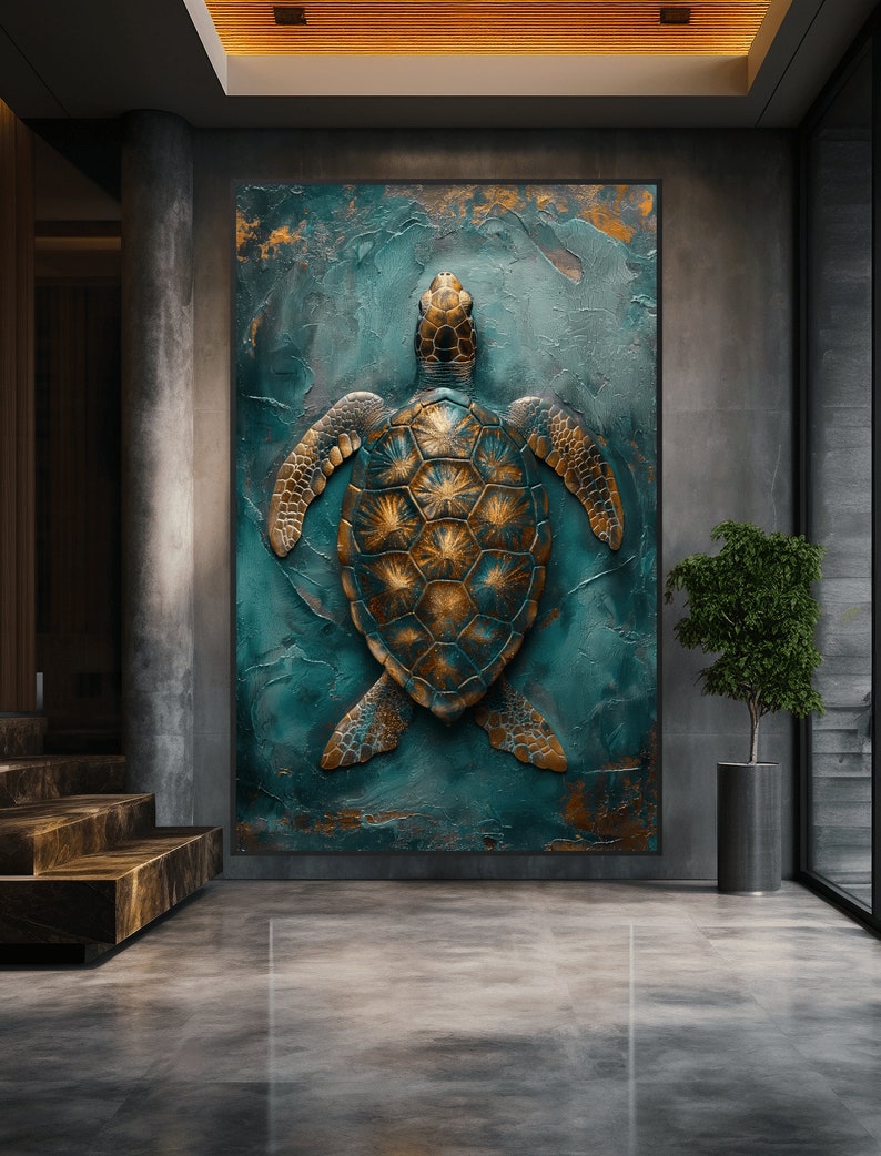 Puede incluir: Una pintura abstracta de una tortuga marina en oro y turquesa, con un fondo texturizado.