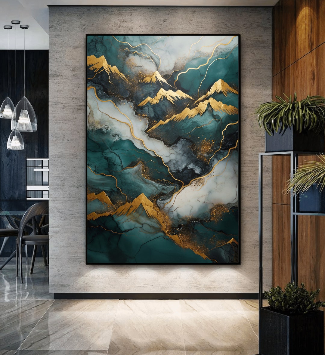 Teal and Gold Abstract Mountain Art Print (digital Download) - Etsy