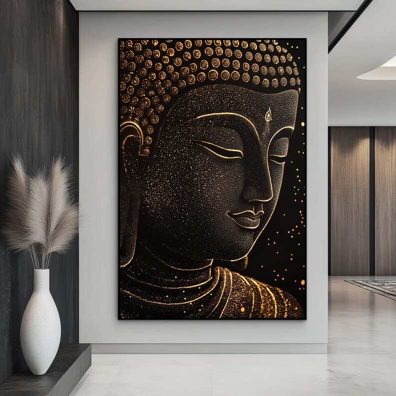 May include: A large, framed canvas print featuring a detailed, golden-hued Buddha head against a black background. The artwork has a textured appearance with intricate details and a serene expression. The Buddha's face is illuminated with golden accents.