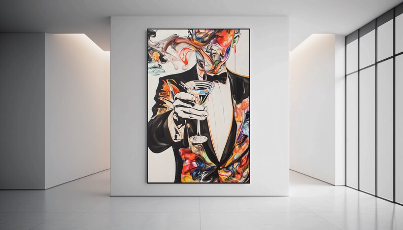 May include: A colorful abstract painting of a person in a tuxedo holding a martini glass. The person's face is obscured by colorful abstract shapes and lines.