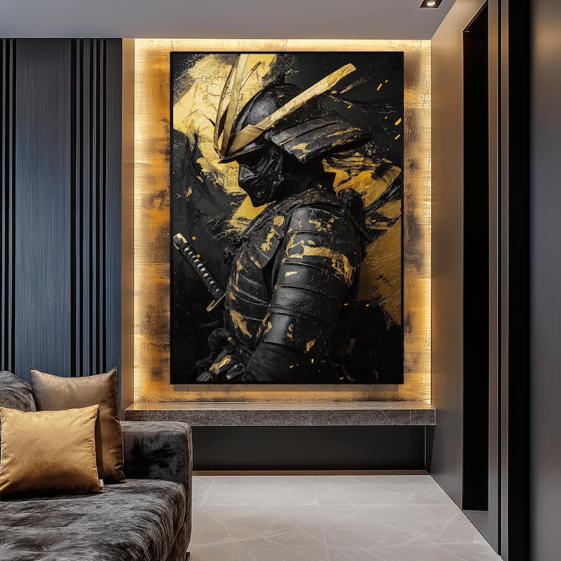 Samurai Warrior Framed Canvas Art, Japanese Armor Portrait, Black Gold ...