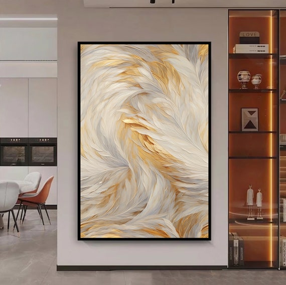 Feathers Abstract Framed Poster: Gold & White Feather Wall Art