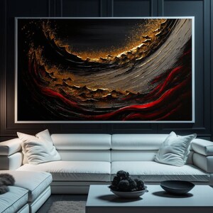 May include: Abstract painting with black, gold, and red colors. The painting is framed and hanging on a black wall above a white sofa.