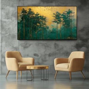 May include: An abstract painting of a forest scene with tall, slender trees in shades of teal and gold. The artwork is framed in black and hangs above two beige armchairs and a small round table.