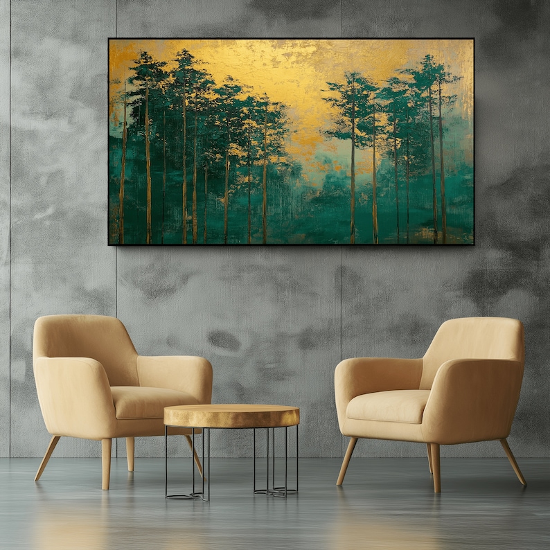 May include: An abstract painting of a forest scene with tall, slender trees in shades of teal and gold. The artwork is framed in black and hangs above two beige armchairs and a small round table.