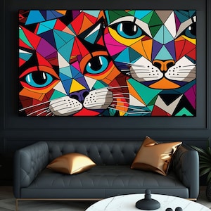 May include: Abstract geometric painting of two cats with colorful, angular shapes and bright blue eyes. The cats are facing forward and their noses are touching.