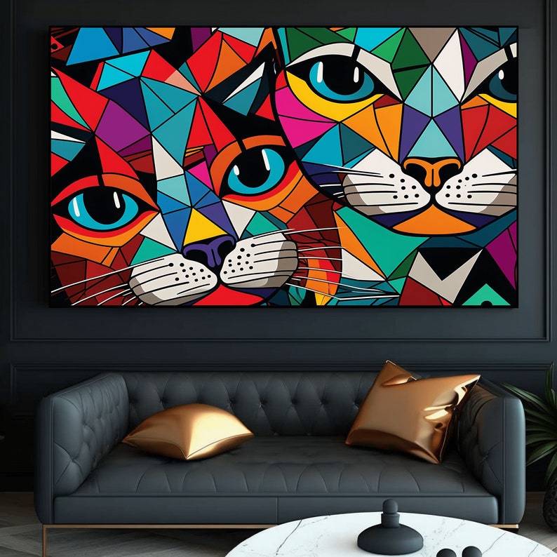 May include: Abstract geometric painting of two cats with colorful, angular shapes and bright blue eyes. The cats are facing forward and their noses are touching.