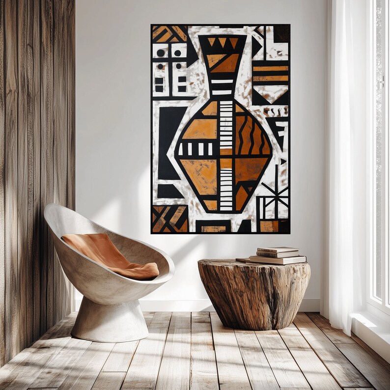 May include: Abstract geometric art print featuring a stylized vase in black, white, and orange tones. The print is framed and hanging on a white wall.