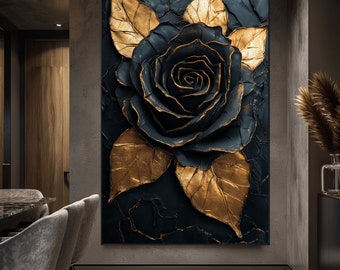 Black and Gold Rose Framed Poster: Modern Floral Wall Art