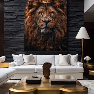 May include: A golden crown sits atop the head of a lion with a fierce expression. The lion is depicted in a painting style with a textured background. The painting is framed and hanging on a black brick wall.