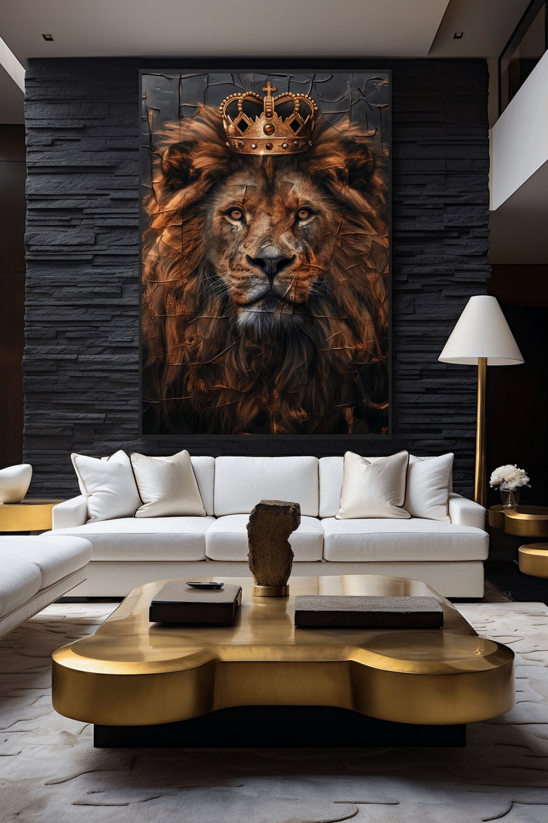 May include: A golden crown sits atop the head of a lion with a fierce expression. The lion is depicted in a painting style with a textured background. The painting is framed and hanging on a black brick wall.